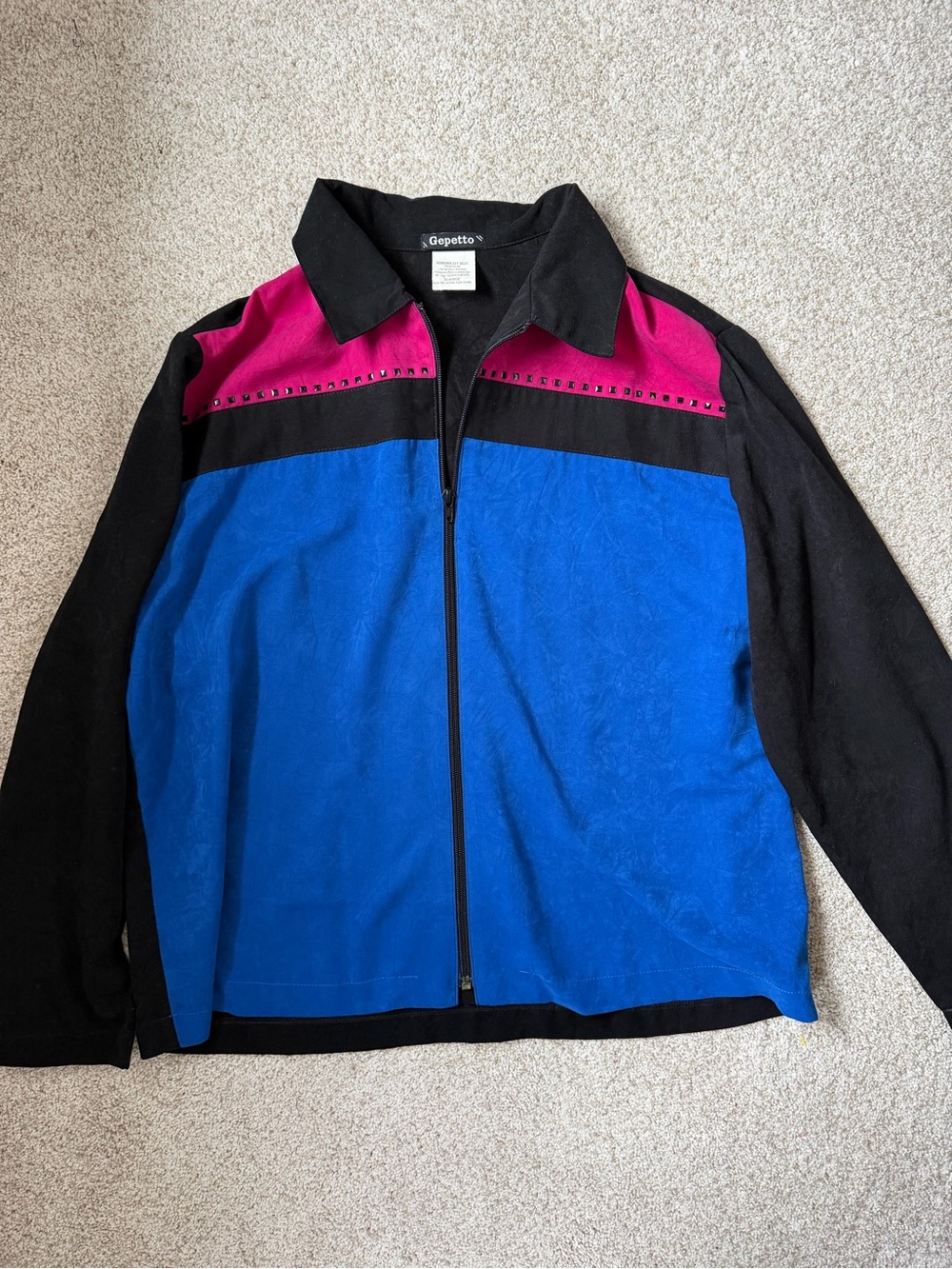Women's Colorblock Zip-Front Utility Jacket in Blue, Black & Pink